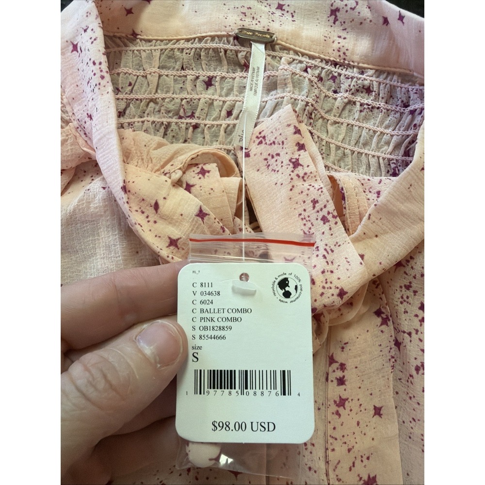 Free People Blouse Sz S Pink Ruffle Tie Neck Sheer Boho OB1828859 Flowy - Picture 6 of 10